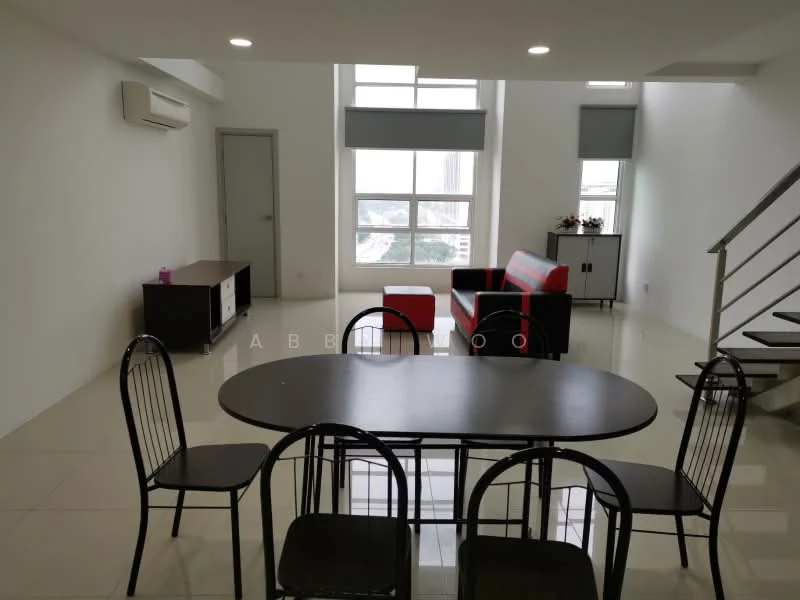 Living features: white painted walls, glossy tile flooring, floor-to-ceiling windows, red and black fabric sofa, coffee table, dining table with black surface, six black dining chairs, air conditioning unit, decorative plant on window sill, curtains on windows, staircase with metal railing; style: modern; view: city.