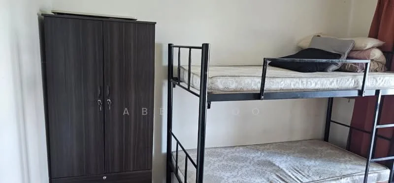 Room features: bunk bed with metal frame, mattress on top and bottom bunk, wooden wardrobe with two doors, neutral wall color, brown curtains, pillow on top bunk, bed linens on both bunks; style: minimalist.