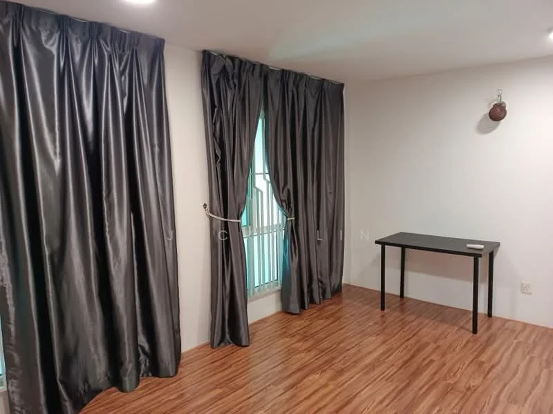 Room features: dark grey curtains, wood laminate flooring, plain white walls, single table, window with metal grille, ceiling lights; style: modern.