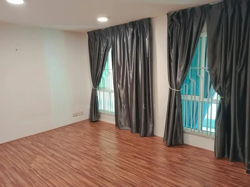 Room features: laminate flooring, white painted walls, floor-to-ceiling windows, grey curtains, metal window grills, recessed downlights; style: modern.