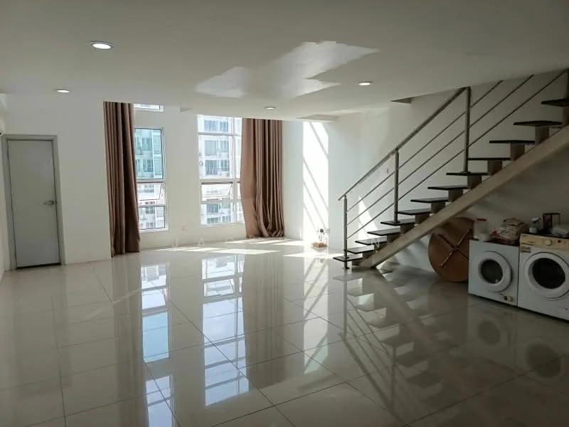 Living features: white painted walls, glossy ceramic tile flooring, large floor-to-ceiling windows, sheer curtains, recessed LED downlights, staircase with metal railing, laundry area with washing machine, natural light from windows; style: modern.
