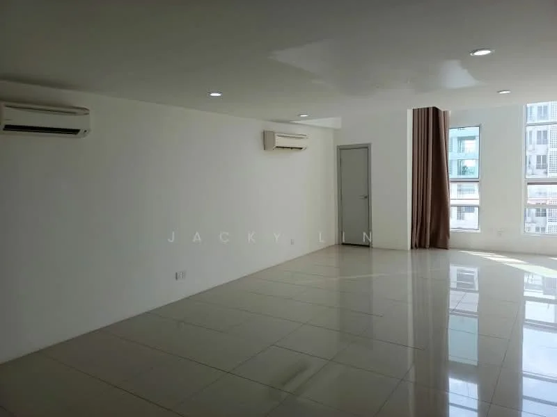 Room features: white painted walls, glossy ceramic tile flooring, 2 wall-mounted split ACs, recessed downlights, floor-to-ceiling windows, curtains, single door, neutral color scheme; style: modern; view: city.