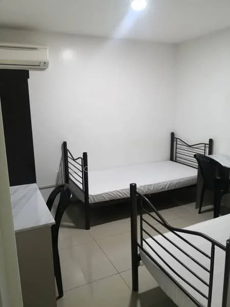 Bedroom features: two single beds with metal frames, white bedding, black plastic chair, wall-mounted air conditioning unit, white painted walls, glossy tile flooring, small cabinet or dresser, ceiling light fixture; style: minimalist.