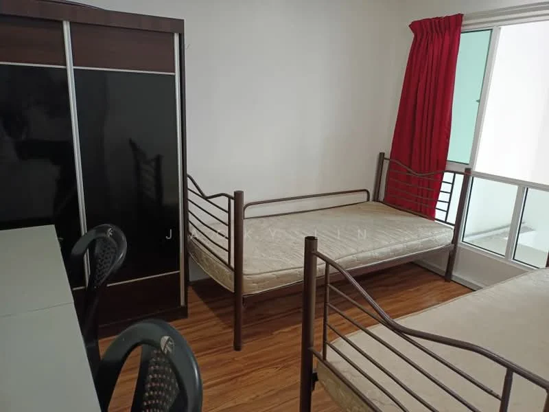 Bedroom features: wooden flooring, white painted walls, two metal bed frames without mattresses, black wardrobe with sliding doors, red curtains, desk with two chairs, floor-to-ceiling windows, natural light from window.