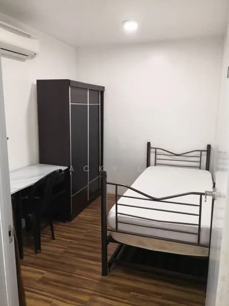 Bedroom features: single bed frame with mattress, wooden flooring, white painted walls, built-in wardrobe with sliding doors, desk with 4 black chairs, wall-mounted split AC, ceiling light, window with no visible treatment; style: modern.