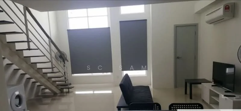Living features: white painted walls, polished tile flooring, floor-to-ceiling windows, grey roller blinds, 1 wall-mounted split AC, 3-seater fabric sofa in black, TV console, wall-mounted TV, ceiling fan, coffee table, staircase with metal railing; style: modern.