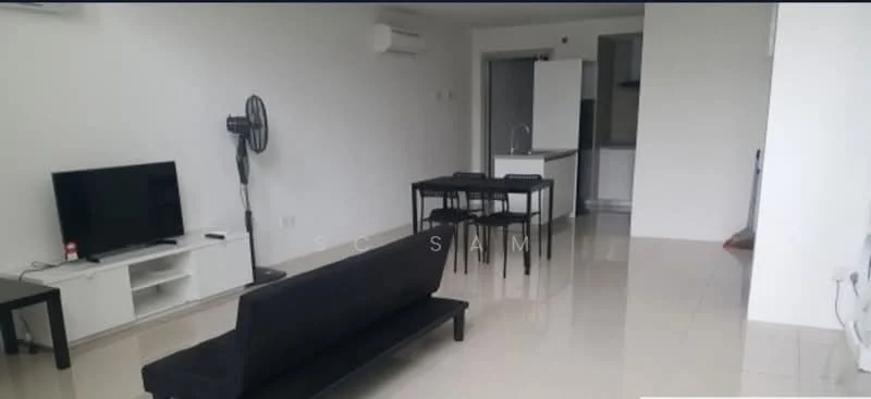 Living features: white painted walls, glossy tile flooring, 3-seater black fabric sofa, black coffee table, TV console, wall-mounted TV, floor fan, 1 wall-mounted split AC, dining table with 4 chairs, open layout to kitchen, recessed lighting; style: modern. Kitchen features: white cabinetry, stainless-steel refrigerator, built-in oven, countertop, open layout to living area; style: modern.