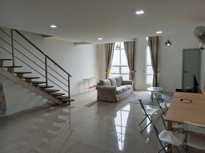 Living features: grey fabric sofa, coffee table, wall-mounted TV, floor-to-ceiling windows, sheer curtains, recessed LED downlights, polished tile flooring, ceiling fan, decorative pendant light; style: modern; view: city. Dining features: wood dining table, folding chairs, open layout, natural light from windows; style: modern; view: city. Hallway features: staircase with metal railing, white painted walls, tile flooring; style: modern.
