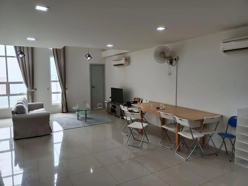Living features: grey fabric sofa, glass coffee table, TV console, wall-mounted TV, area rug, 4-seater dining table, white plastic chairs, 2 wall-mounted split AC units, floor-to-ceiling windows with sheer curtains, recessed LED downlights, cream painted walls, polished tile flooring; style: modern; view: city.