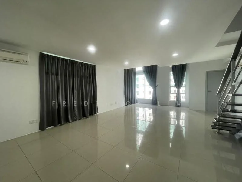 Living features: white painted walls, glossy ceramic tile flooring, recessed downlights, floor-to-ceiling windows, blackout curtains, air conditioning unit, open layout, staircase with metal railing; style: modern.