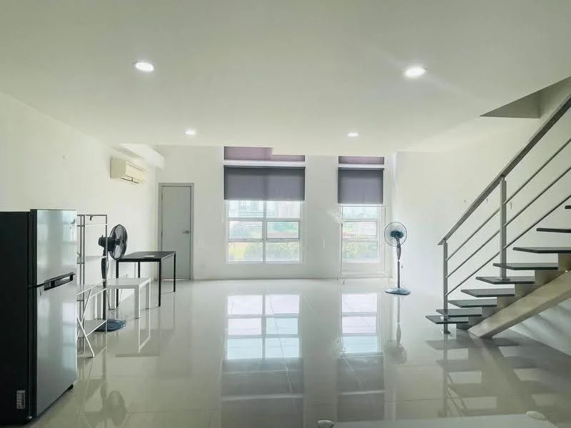 Living features: white painted walls, glossy tile flooring, recessed downlights, floor-to-ceiling windows, roller blinds, 1 wall-mounted split AC, 2 standing fans, stainless-steel fridge, black dining table, metal staircase with wooden treads; style: modern; view: city.