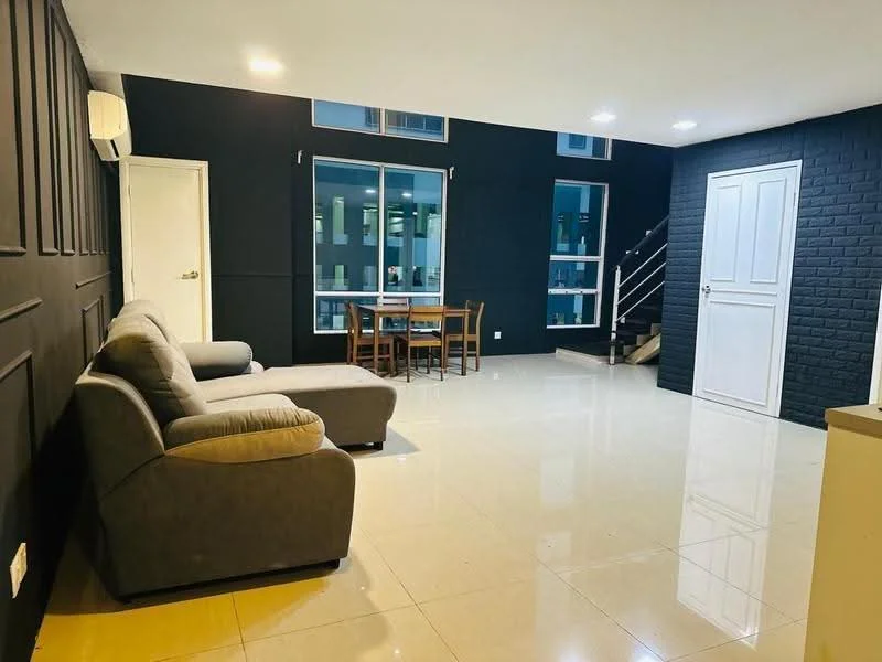 Living features: grey fabric sofa, glass coffee table, dining table with four chairs, white painted walls, black accent wall, large windows with city view, recessed LED downlights, polished ceramic tile flooring, air conditioning unit, staircase with metal railing; style: modern; view: city.