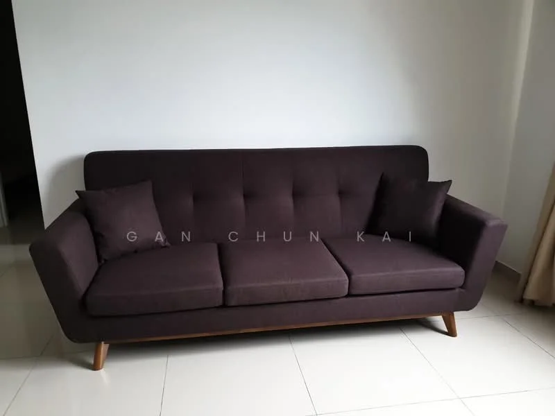 Living features: 3-seater fabric sofa in dark purple, wooden legs, cushions, white painted walls, glossy tile flooring, natural light from window, minimalist decor; style: modern.
