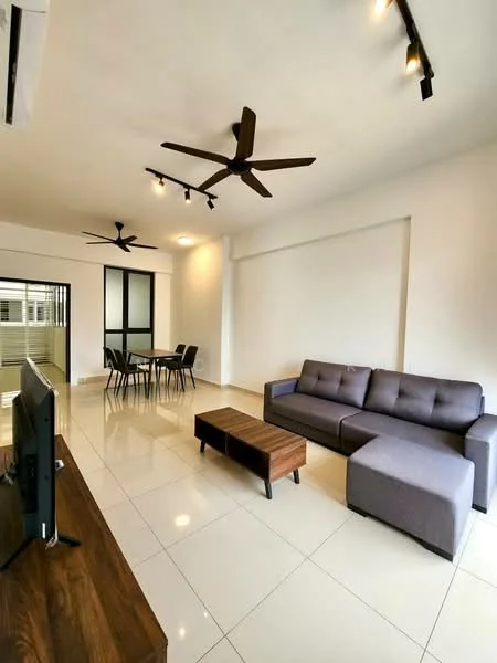 Living features: grey fabric L-shape sectional sofa, wood coffee table, wall-mounted TV, 4-seater dining table with black chairs, white painted walls, polished ceramic tile flooring, 2 ceiling fans with dark wood blades, recessed LED downlights, floor-to-ceiling windows, sliding glass door; style: modern.