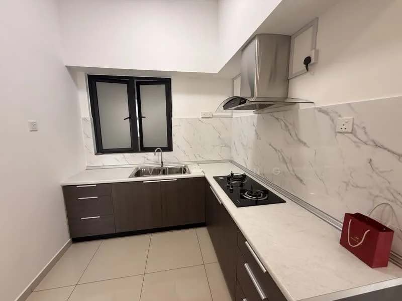 Kitchen features: single-bowl stainless-steel sink, chrome pull-down faucet, white marble countertop, grey laminate cabinetry, built-in gas hob, stainless-steel range hood, white tiled backsplash, ceramic tile flooring, two casement windows, LED ceiling lights; style: modern.