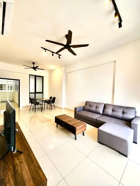 Living features: grey fabric L-shape sectional sofa, wood coffee table, wall-mounted TV, 2 ceiling fans with light, white painted walls, glossy white tile flooring, dining table with 4 chairs, large windows with black frames; style: modern.