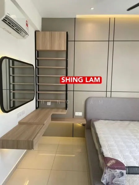 Bedroom features: light grey upholstered bed, white mattress, wooden bedside table, built-in shelving unit, wall-mounted mirror, cream painted walls, recessed lighting, wall-mounted air conditioning unit, glossy tile flooring; style: modern.