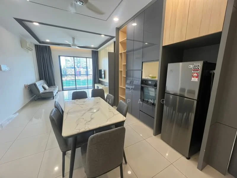 Living features: grey wall-mounted TV unit, black refrigerator, built-in oven, marble dining table, 6 upholstered dining chairs, light grey sofa, floor-to-ceiling windows, sliding glass door, white ceiling with recessed downlights, air conditioning unit, light-colored tiled flooring; style: modern; view: garden.