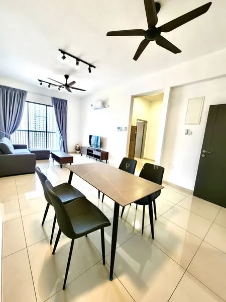Living features: grey fabric sofa, 4-seater dining table, black dining chairs, wall-mounted TV, ceiling fan, recessed LED downlights, floor-to-ceiling windows, curtains, cream painted walls, glossy tile flooring, air conditioning unit; style: modern; view: city.