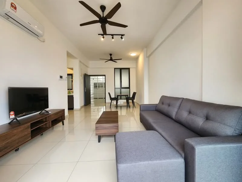 Living features: 3-seater fabric sofa in grey, wooden coffee table, TV console, wall-mounted TV, 2 ceiling fans, recessed LED downlights, white painted walls, glossy tile flooring, large windows, open layout to dining area; style: modern.
