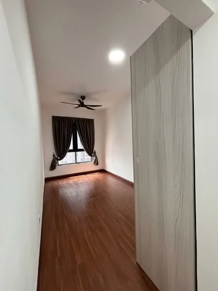 Room features: wooden flooring, white painted walls, ceiling fan, floor-to-ceiling window, dark brown curtains, light fixture in ceiling, sliding door with wood finish; style: modern.