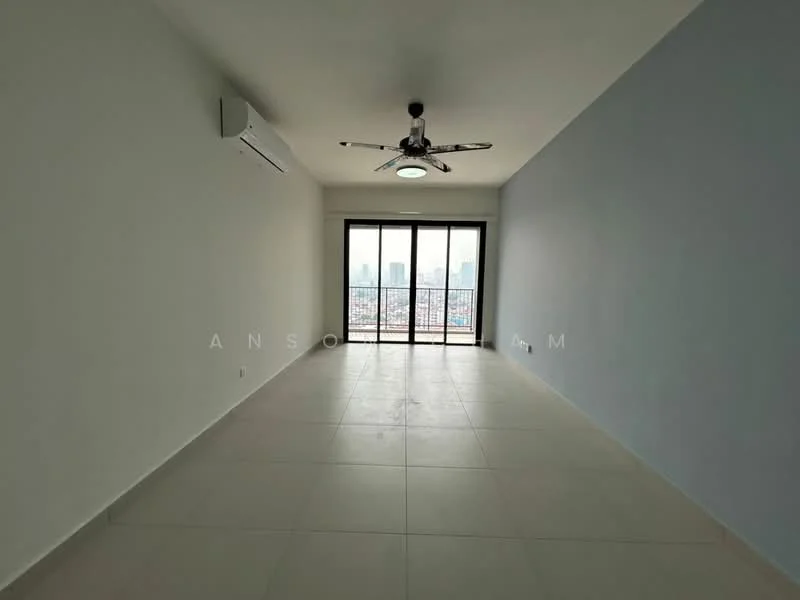 Living features: large floor-to-ceiling windows, sliding glass door, 5-blade ceiling fan with light, recessed downlights, light grey painted walls, white walls, neutral tile flooring, city skyline view; style: modern; view: city.
