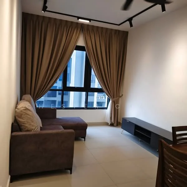 Living features: beige fabric sofa, wooden coffee table, TV console, floor-to-ceiling windows, sheer curtains, brown curtains, recessed downlights, light-coloured tiled flooring, ceiling fan; style: modern; view: city.