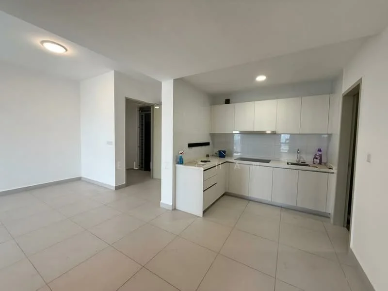 Kitchen features: white cabinetry, black countertop, single-bowl stainless-steel sink, chrome pull-down faucet, built-in oven, freestanding range oven, ceramic tile flooring, recessed downlights, white tiled backsplash, open layout, kitchen island, wall-mounted cabinets; style: modern. Living features: white painted walls, ceramic tile flooring, recessed downlights, open layout, large windows, neutral color palette; style: modern. Room features: doorway leading to hallway, open space layout.