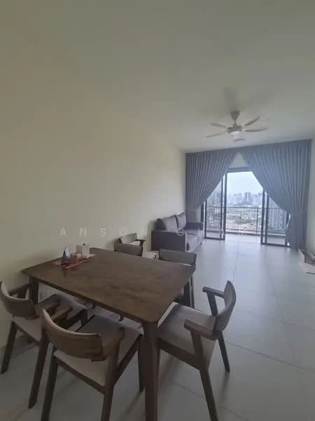 Dining features: wooden dining table, 4 wooden dining chairs, floor-to-ceiling windows, grey curtains, light-coloured walls, ceramic tile flooring, ceiling fan with light, sofa in grey fabric, city view; style: modern; view: city.