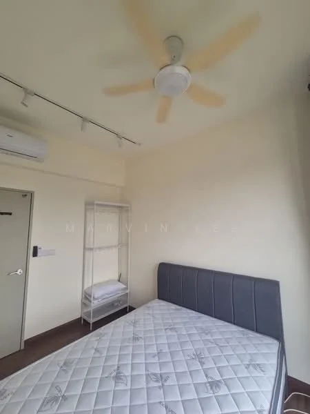 Bedroom features: queen-size bed, upholstered headboard, 5-blade ceiling fan with light, wall-mounted split AC, light-colored painted walls, wooden flooring, built-in wardrobe, track lighting; style: modern.