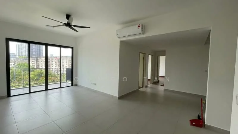 Living features: floor-to-ceiling windows, sliding glass door, 5-blade ceiling fan, wall-mounted split AC, light grey tiled flooring, white painted walls, open layout, access to balcony with garden view; style: modern; view: garden. Room features: light grey tiled flooring, white painted walls, doorway leading to other rooms.