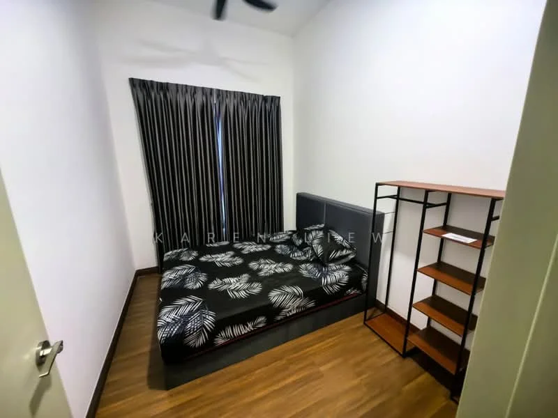 Bedroom features: queen-size bed with black floral bedding, wooden flooring, white painted walls, black-out curtains, ceiling fan, open shelving unit, decorative wall shelf; style: modern.
