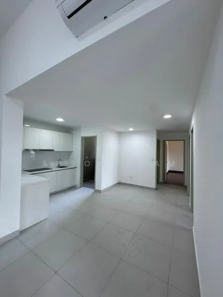 Room features: white painted walls, grey floor tiles, recessed LED downlights, wall-mounted split AC, open kitchen layout, kitchen cabinetry with white finish, countertop, doorway leading to other rooms; style: modern.