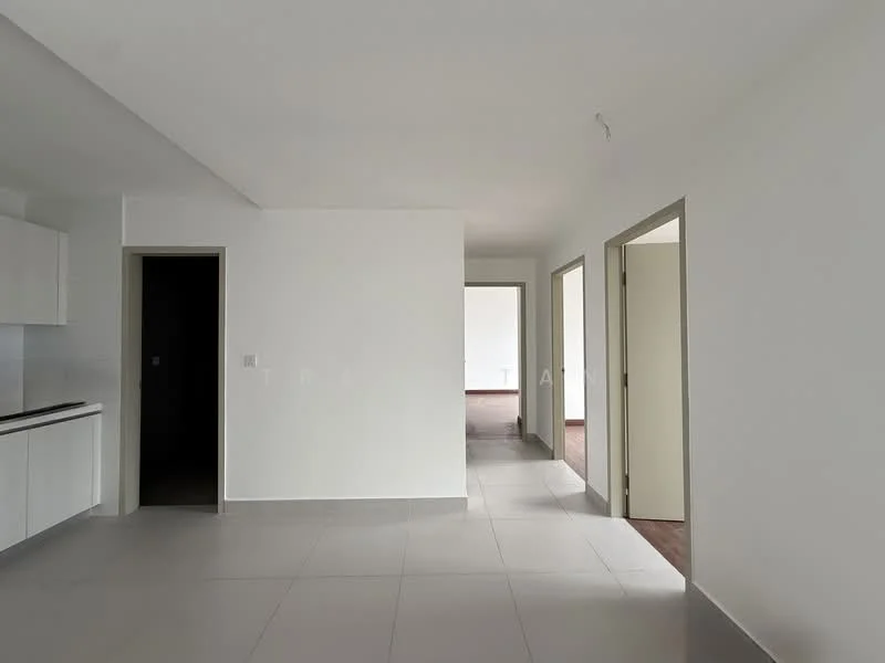 Room features: white painted walls, tile flooring, open layout, doorway to adjacent rooms, kitchenette area with cabinets, natural light from windows, neutral color scheme, minimalist design; style: modern.