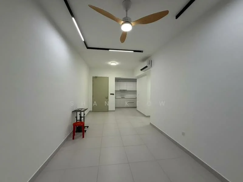 Room features: white painted walls, grey floor tiles, 5-blade ceiling fan with light, recessed LED downlights, air conditioning unit, door to another room, open space layout, no visible furniture; style: modern.