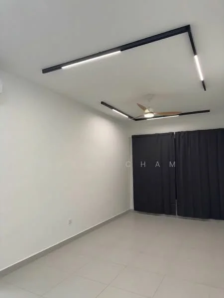 Room features: white painted walls, grey ceiling with recessed lighting, 5-blade ceiling fan, floor-to-ceiling curtains in dark grey, light-colored tile flooring, wall-mounted split AC; style: modern.