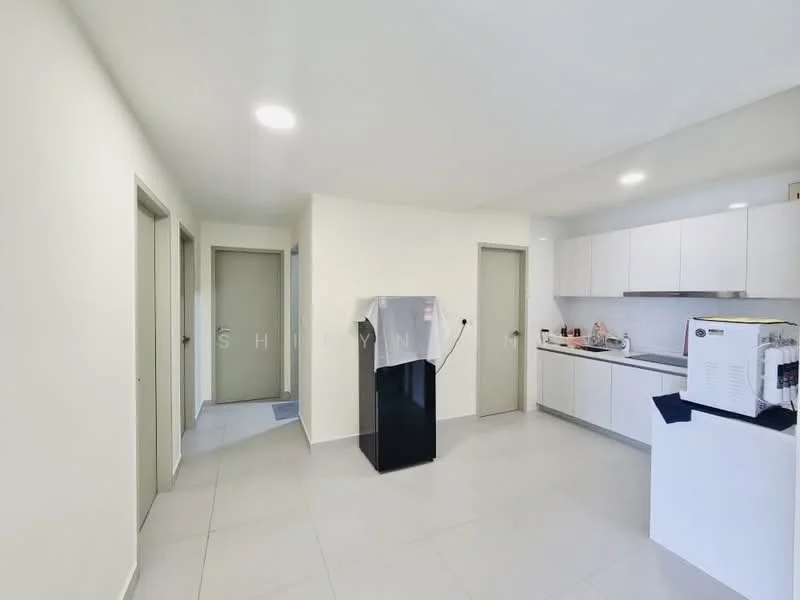 Kitchen features: white cabinetry, black refrigerator, built-in oven, stainless-steel sink, countertop with space for appliances, tile flooring, recessed downlights, open layout; style: modern. Hallway features: light grey walls, white doors, tile flooring; style: modern.