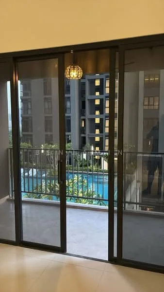 Room features: sliding glass door, floor-to-ceiling windows, balcony with railing, pool view, hanging pendant light, grey tiled flooring, neutral wall color; style: modern; view: pool.