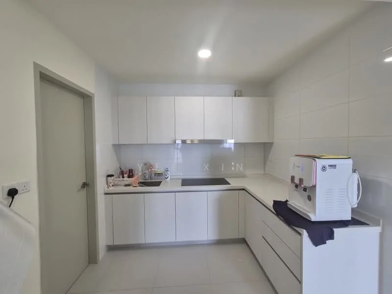 Kitchen features: white glossy cabinetry, stainless-steel sink, chrome pull-down faucet, quartz countertop, built-in oven, freestanding range oven, ceramic tile backsplash, white tiled walls, grey tiled flooring, recessed downlights, open shelving, kitchen island, microwave, dishwasher; style: modern.