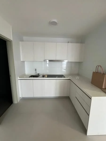 Kitchen features: white cabinetry, laminate countertop, single-bowl stainless-steel sink, chrome pull-down faucet, built-in oven, ceramic tile backsplash, recessed downlights, grey tile flooring; style: modern.