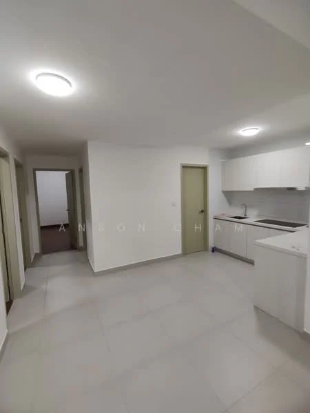 Kitchen features: white cabinetry, stainless-steel sink, chrome pull-down faucet, white countertop, built-in oven, freestanding range oven, ceramic tile flooring, recessed downlights; style: modern. Hallway features: white painted walls, ceramic tile flooring, doorways leading to other rooms.