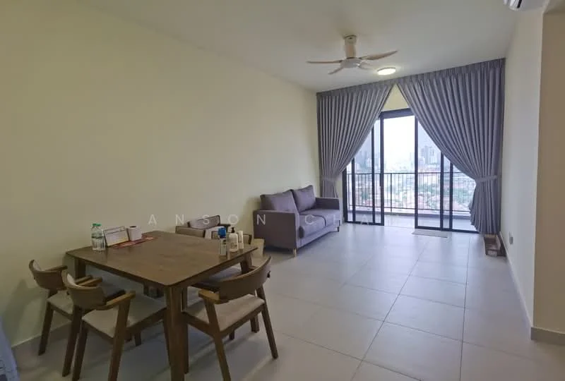 Living features: grey fabric sofa, wooden dining table, 4 wooden dining chairs, floor-to-ceiling windows, curtains in light grey, ceiling fan, tile flooring, city view from balcony; style: modern; view: city.
