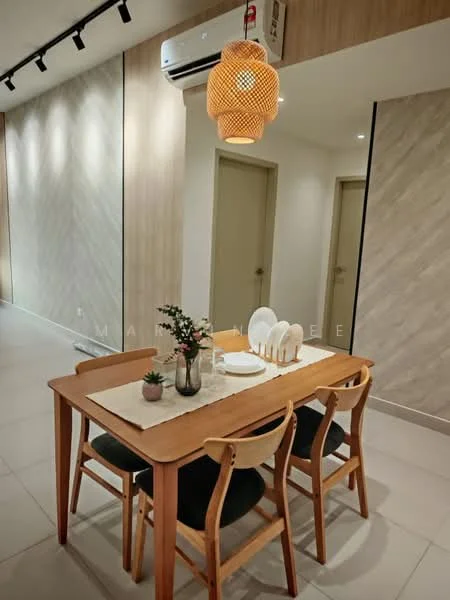 Dining features: wooden dining table, 4 dining chairs, table runner, decorative vase with flowers, ceramic plates, wall-mounted air conditioning unit, light fixture with woven design, neutral wall color, tile flooring, accent wall with wood paneling, doorway leading to another room; style: modern.