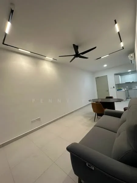 Living features: grey fabric sofa, round dining table, 4 dining chairs, 5-blade ceiling fan with integrated LED light, recessed LED downlights, white painted walls, light-colored tile flooring, open layout to kitchen; style: modern.