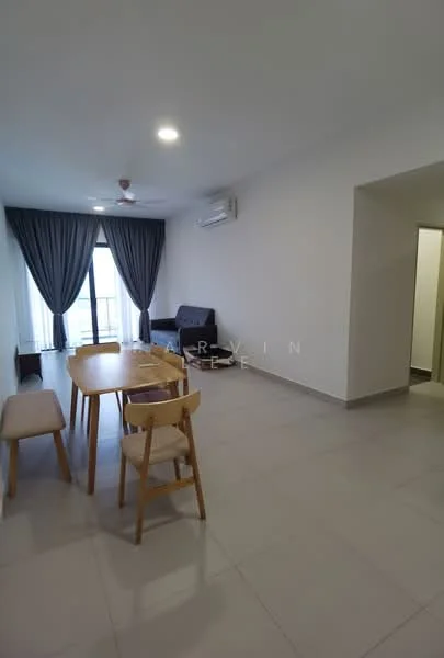 Living features: light grey tiled flooring, white painted walls, 5-blade ceiling fan with light, floor-to-ceiling windows, curtains in dark grey, dining table with 4 wooden chairs, sofa in dark fabric, air conditioning unit on wall; style: modern; view: city.