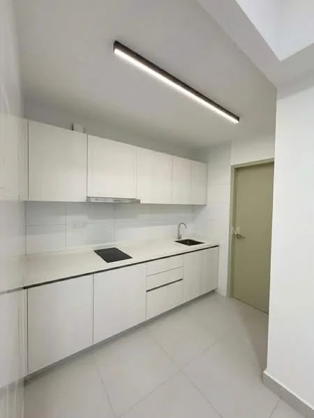 Kitchen features: white flat-panel cabinets, white countertop, stainless-steel sink, chrome pull-down faucet, built-in oven, induction cooktop, recessed LED downlights, ceramic tile flooring, white tiled backsplash, ventilation hood; style: modern.