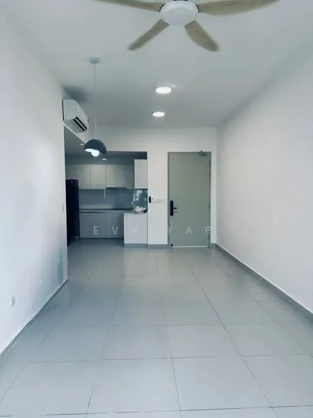 Living features: white painted walls, grey tiled flooring, 5-blade ceiling fan, recessed downlights, wall-mounted split AC, open layout to kitchen, door leading to other rooms, no visible furniture; style: modern. Kitchen features: white cabinetry, stainless-steel sink, built-in appliances, grey countertop, open layout to living area; style: modern.