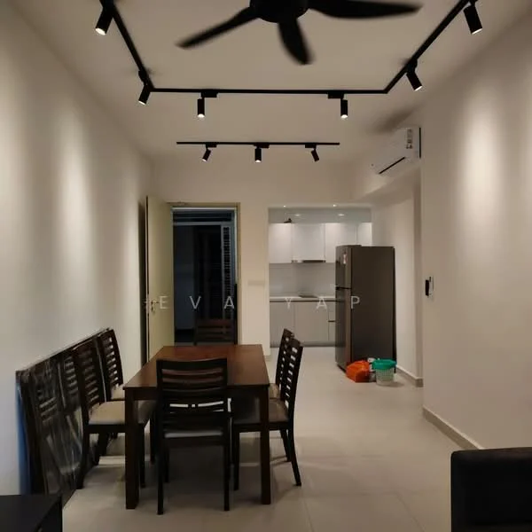 Dining features: dining table with 6 chairs, track lighting, 5-blade ceiling fan, white painted walls, light-colored tile flooring, open layout to kitchen, refrigerator, kitchen visible in background, air conditioning unit on wall; style: modern.