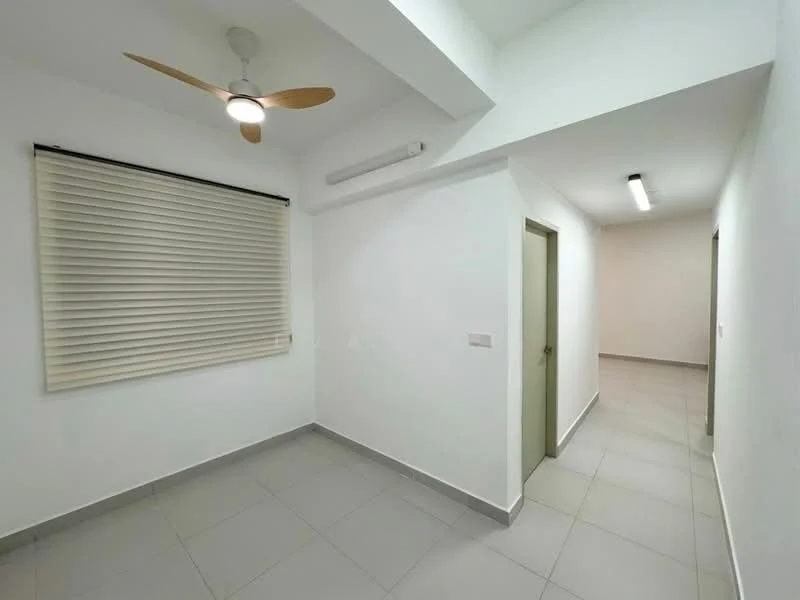 Room features: white painted walls, grey tiled flooring, ceiling fan with wooden blades, roller blinds on window, light fixture on ceiling, door to hallway, door to adjacent room; style: modern.
