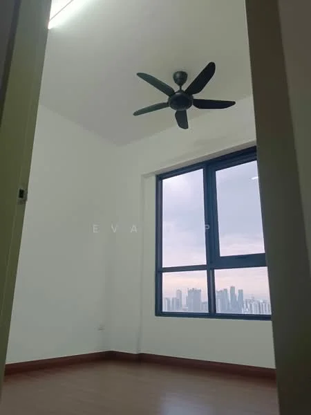 Room features: white painted walls, laminate flooring, 5-blade ceiling fan, floor-to-ceiling windows, city skyline view; style: modern; view: city.